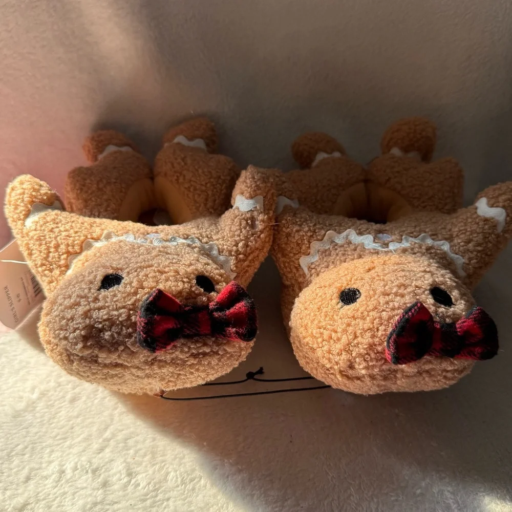 Gingerbread Plush Slippers with Red Bows Girls 9-10 New Slip On Brown‎ Faux Fur